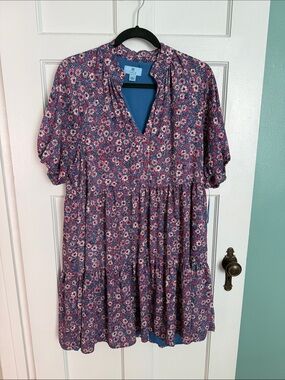 CeCe Blue and Pink Floral Asymmetrical Tiered Dress